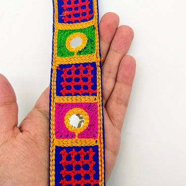 Indian Royal Blue Cotton Fabric Mirror Trim Embroidered in Red, Yellow, Green and Pink